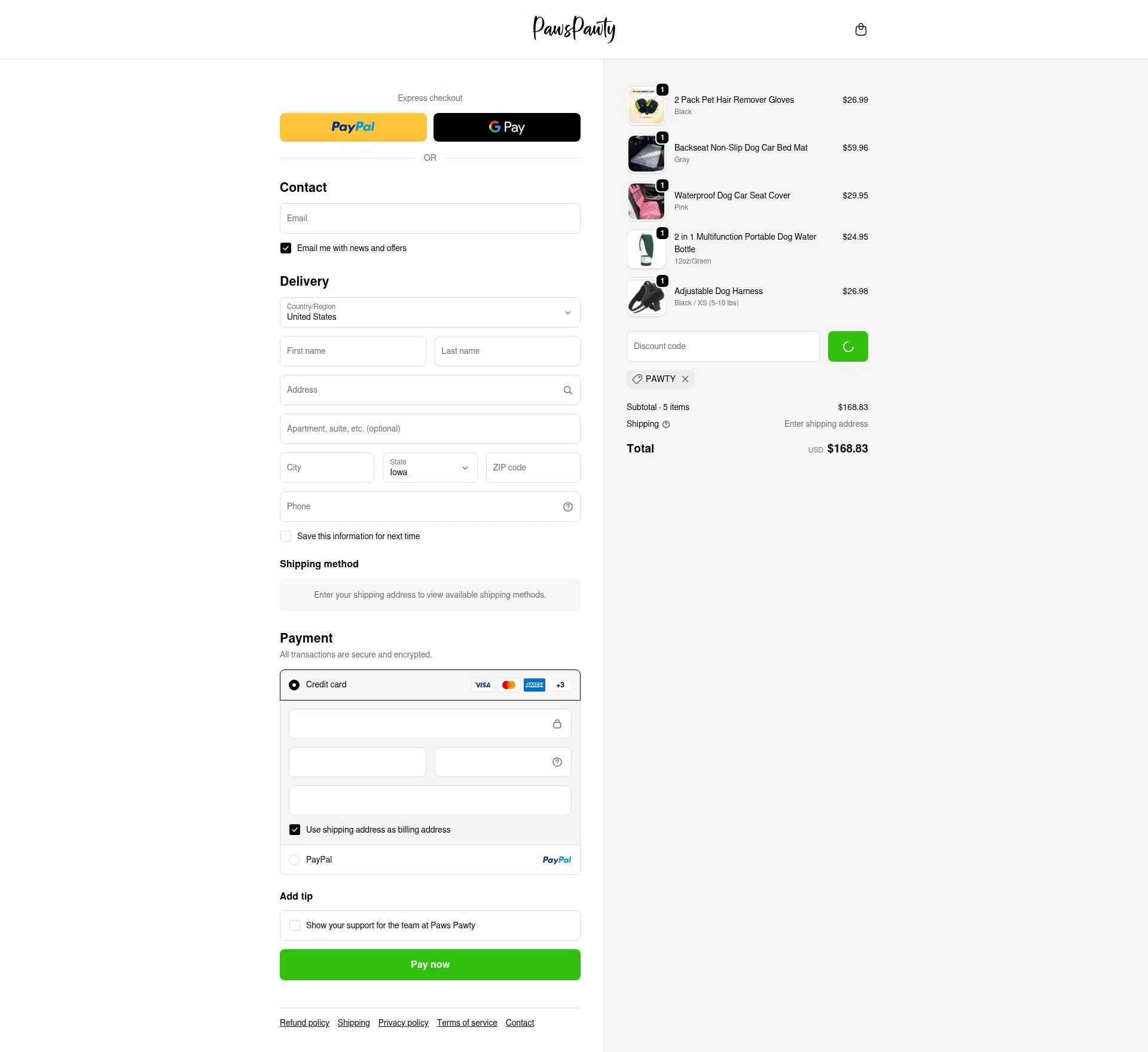 Paws Pawty checkout page showing Paws Pawty discount code box | Screenshot taken by SimplyCodes community member on Jan 3, 2026
