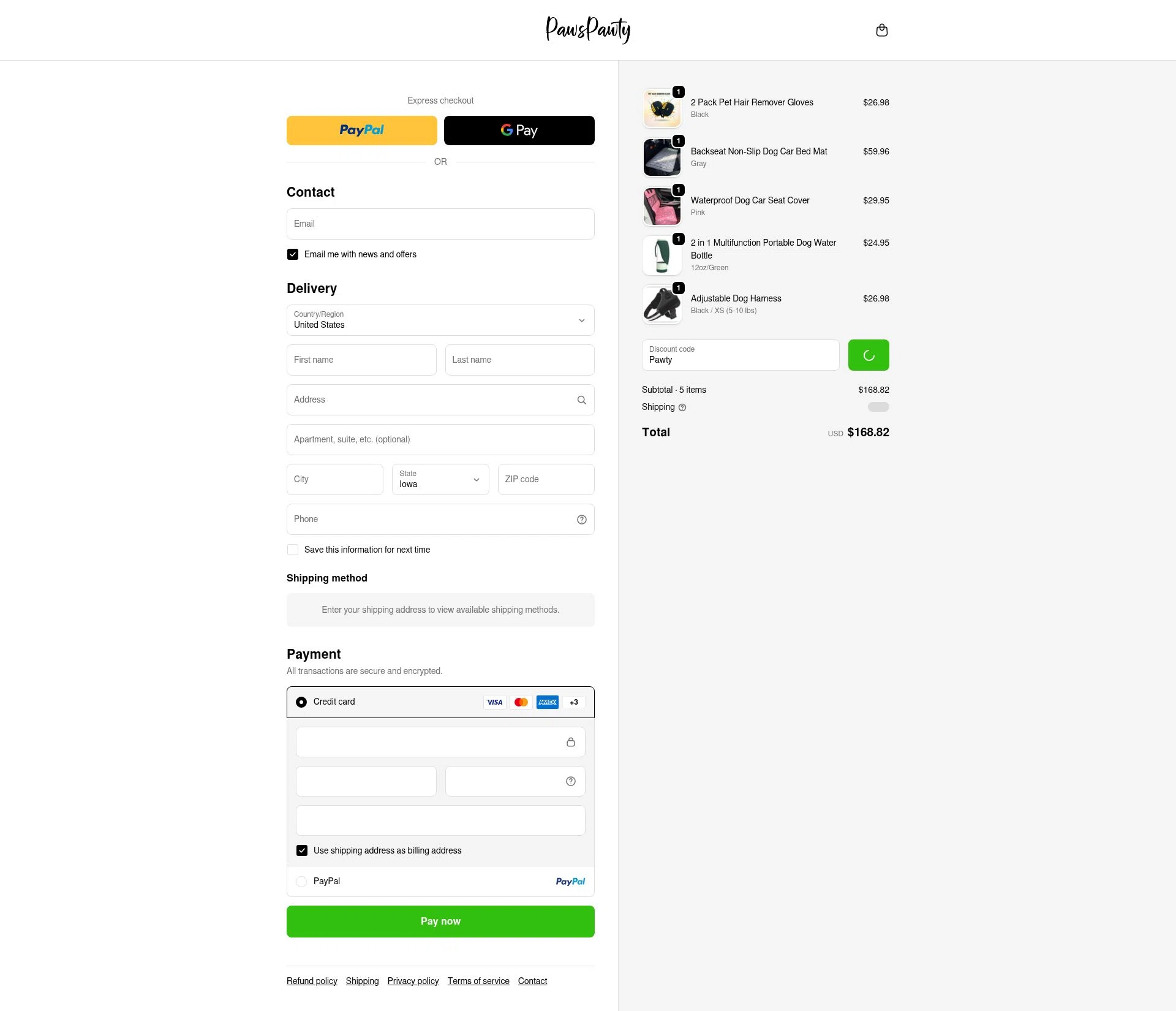 Paws Pawty checkout page showing Paws Pawty discount code box | Screenshot taken by SimplyCodes community member on Dec 29, 2025
