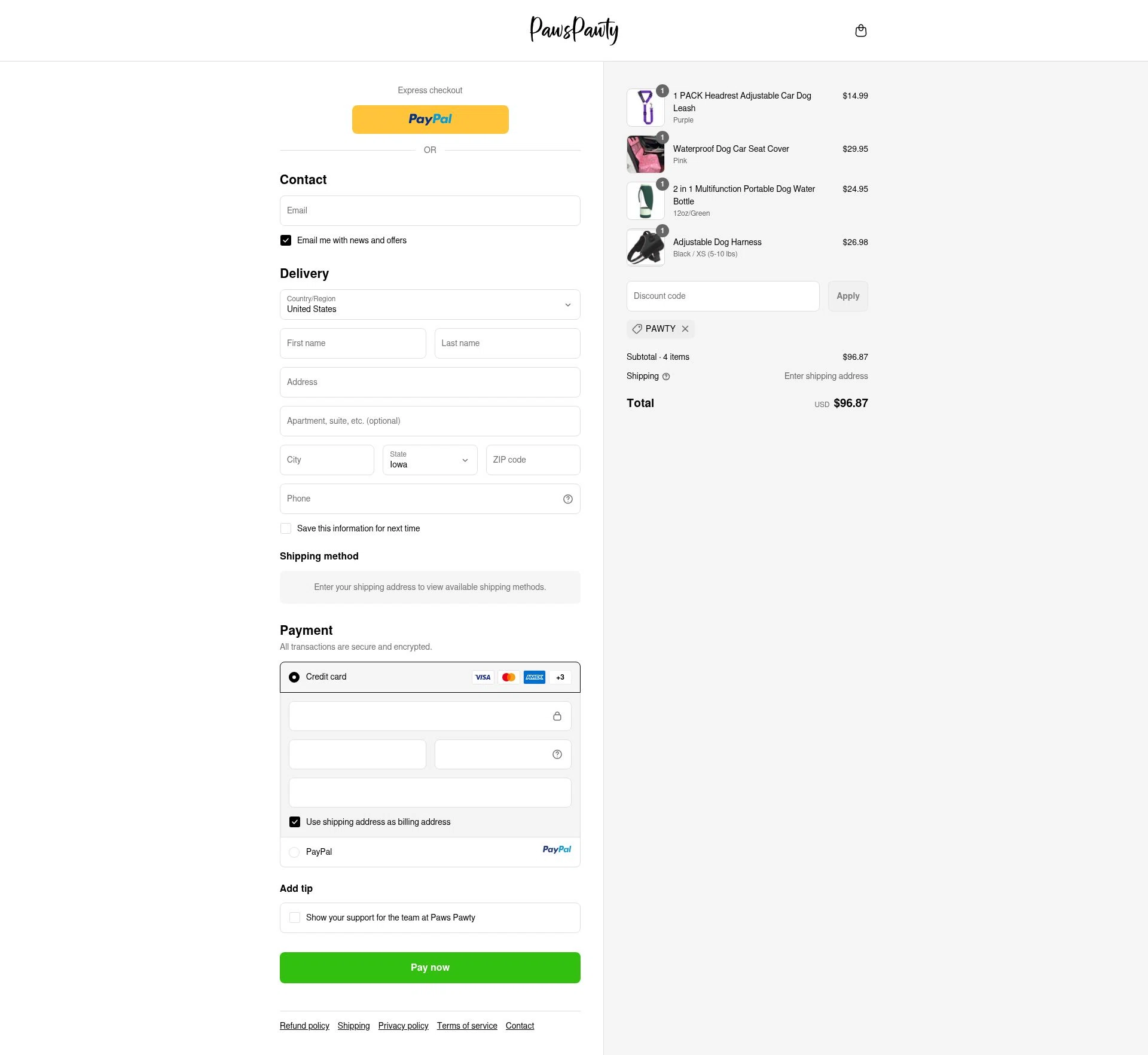 Paws Pawty checkout page showing Paws Pawty discount code box | Screenshot taken by SimplyCodes community member on Sep 12, 2025