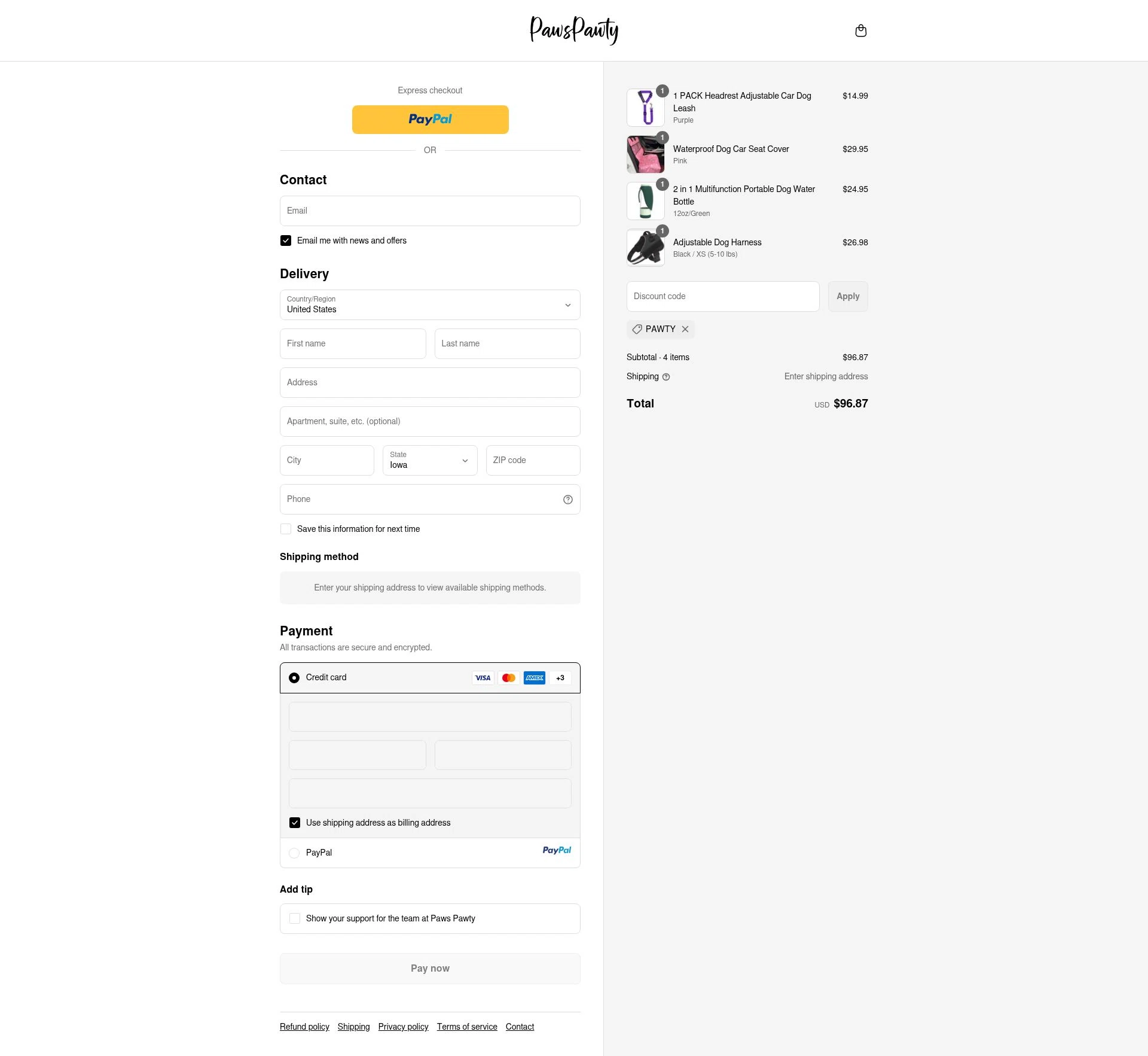 Paws Pawty checkout page showing Paws Pawty discount code box | Screenshot taken by SimplyCodes community member on Sep 17, 2025