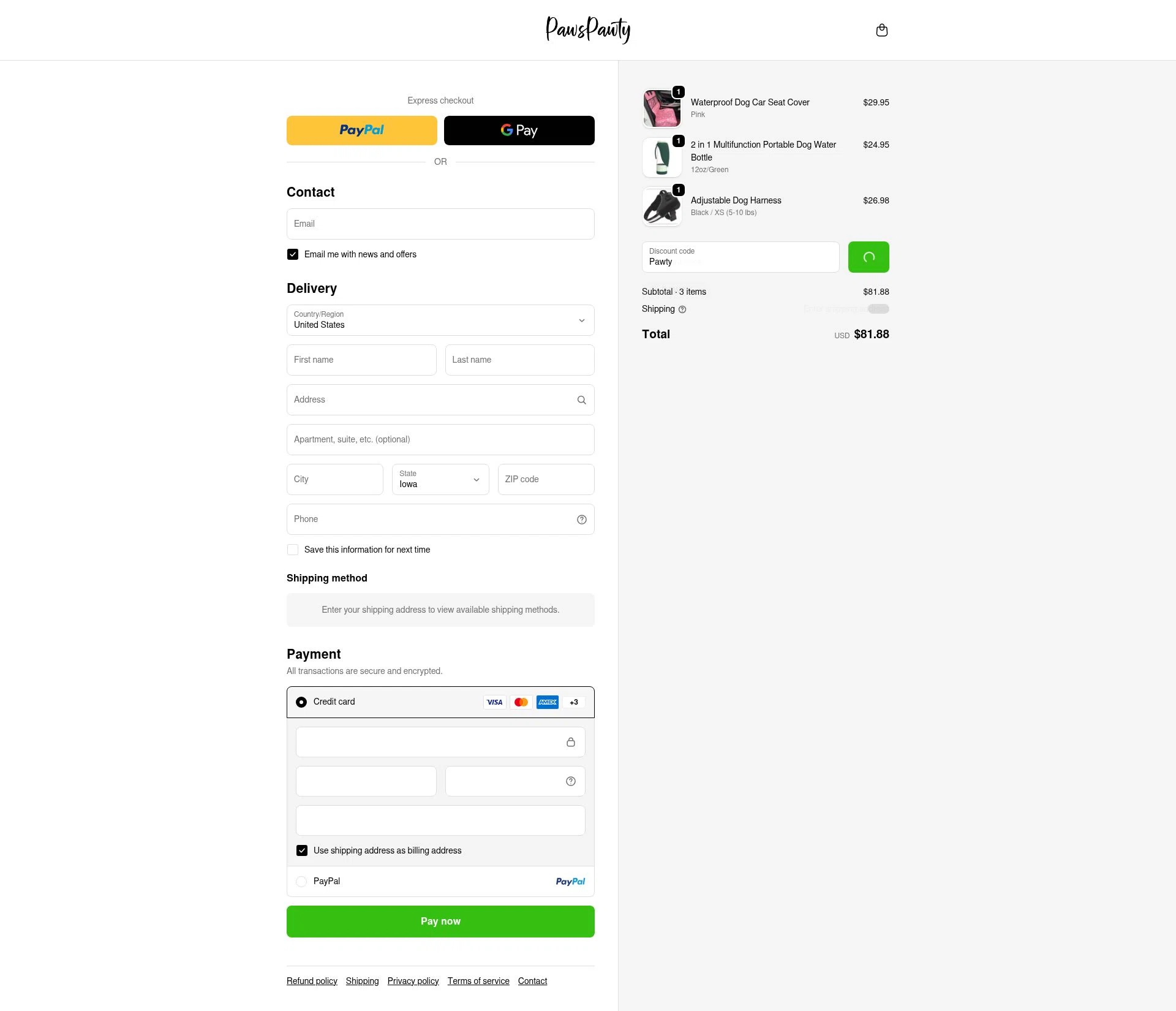 Paws Pawty checkout page showing Paws Pawty discount code box | Screenshot taken by SimplyCodes community member on Dec 24, 2025
