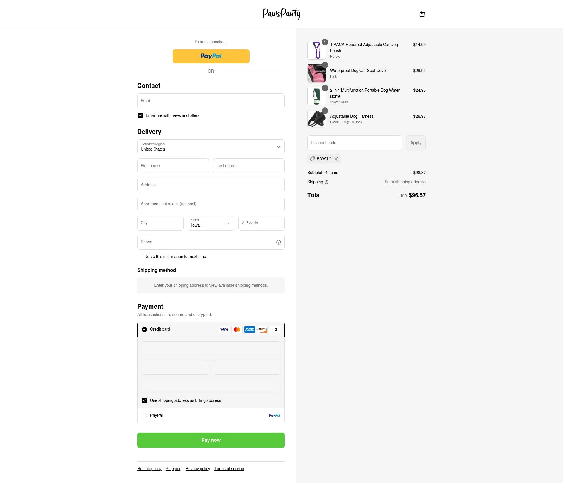 Paws Pawty checkout page showing Paws Pawty discount code box | Screenshot taken by SimplyCodes community member on Aug 31, 2025