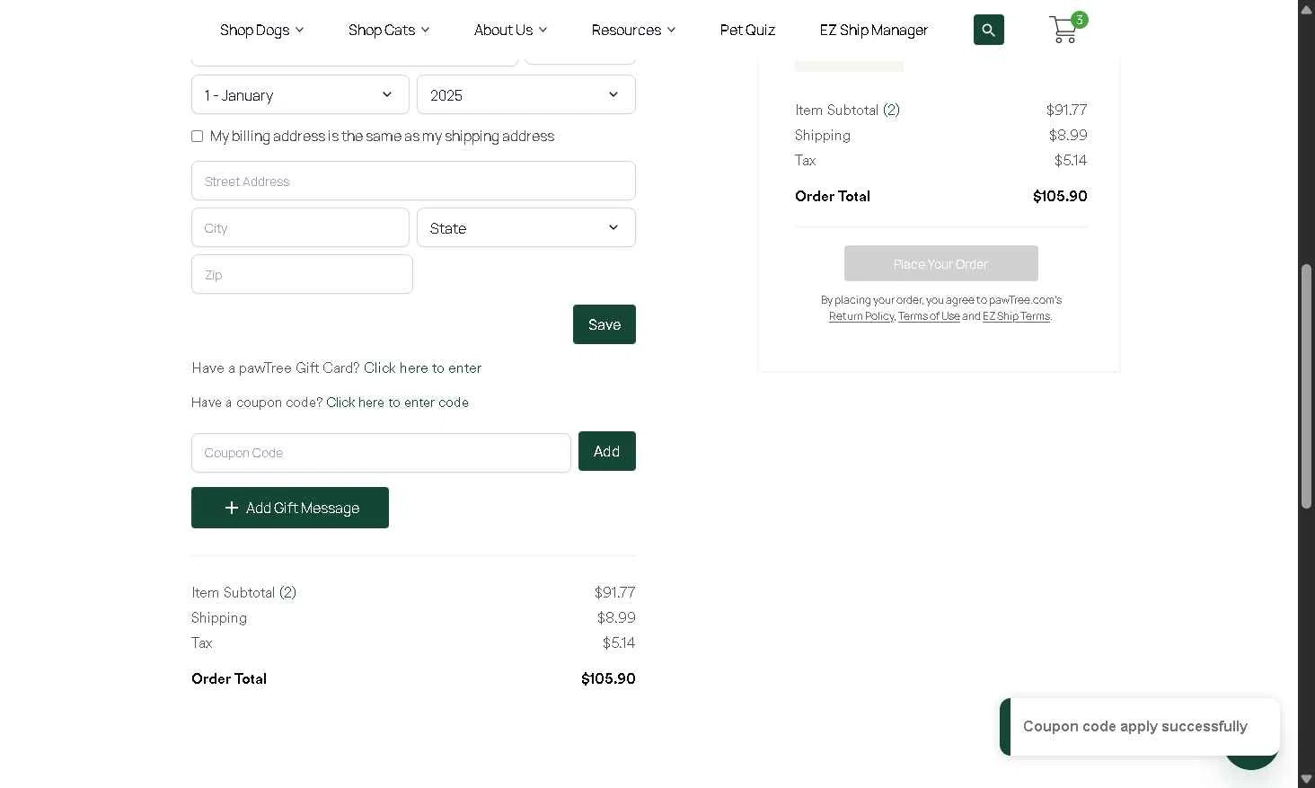 Pawtree checkout page showing Pawtree coupon code box | Screenshot taken by SimplyCodes community member on Nov 21, 2025