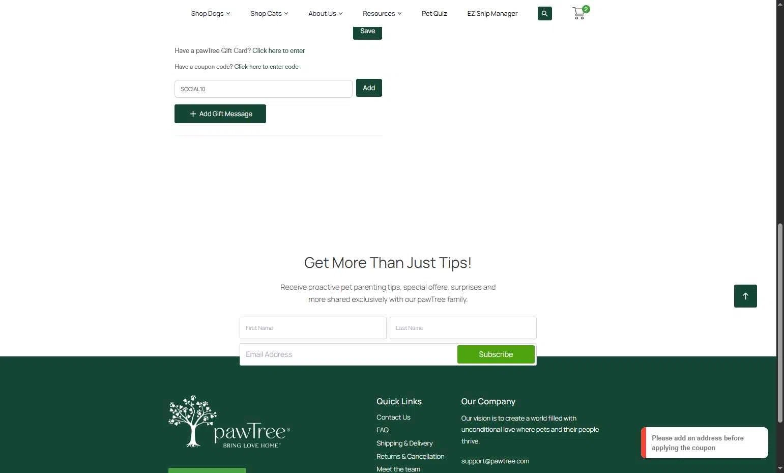 Pawtree checkout page showing Pawtree coupon code box | Screenshot taken by SimplyCodes community member on Sep 17, 2025
