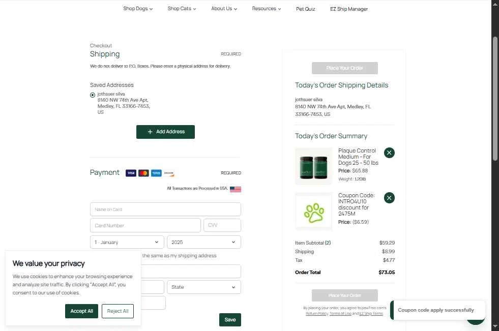 Pawtree checkout page showing Pawtree coupon code box | Screenshot taken by SimplyCodes community member on Sep 18, 2025