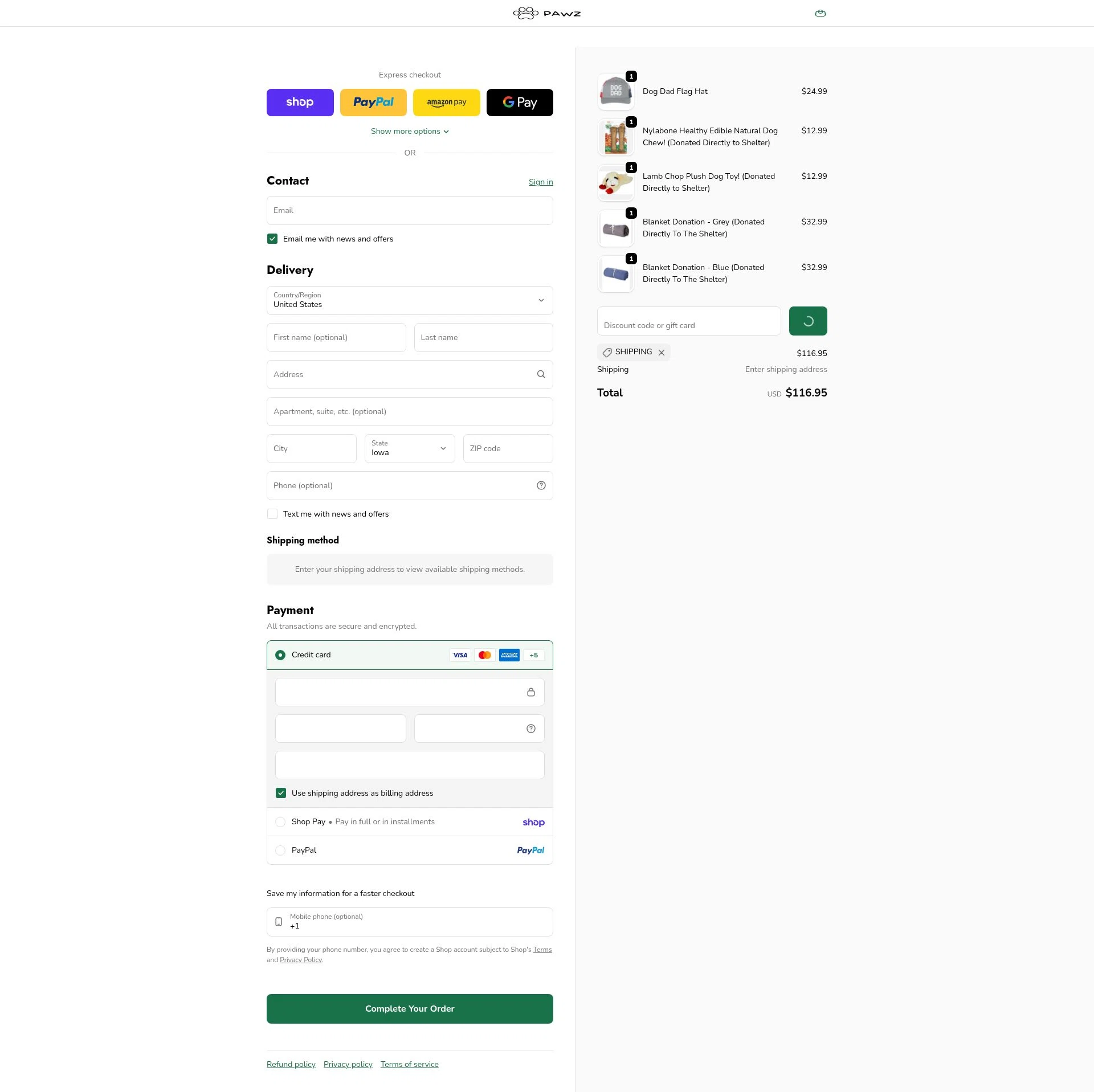 Pawz checkout page showing Pawz discount code box | Screenshot taken by SimplyCodes community member on Feb 1, 2026