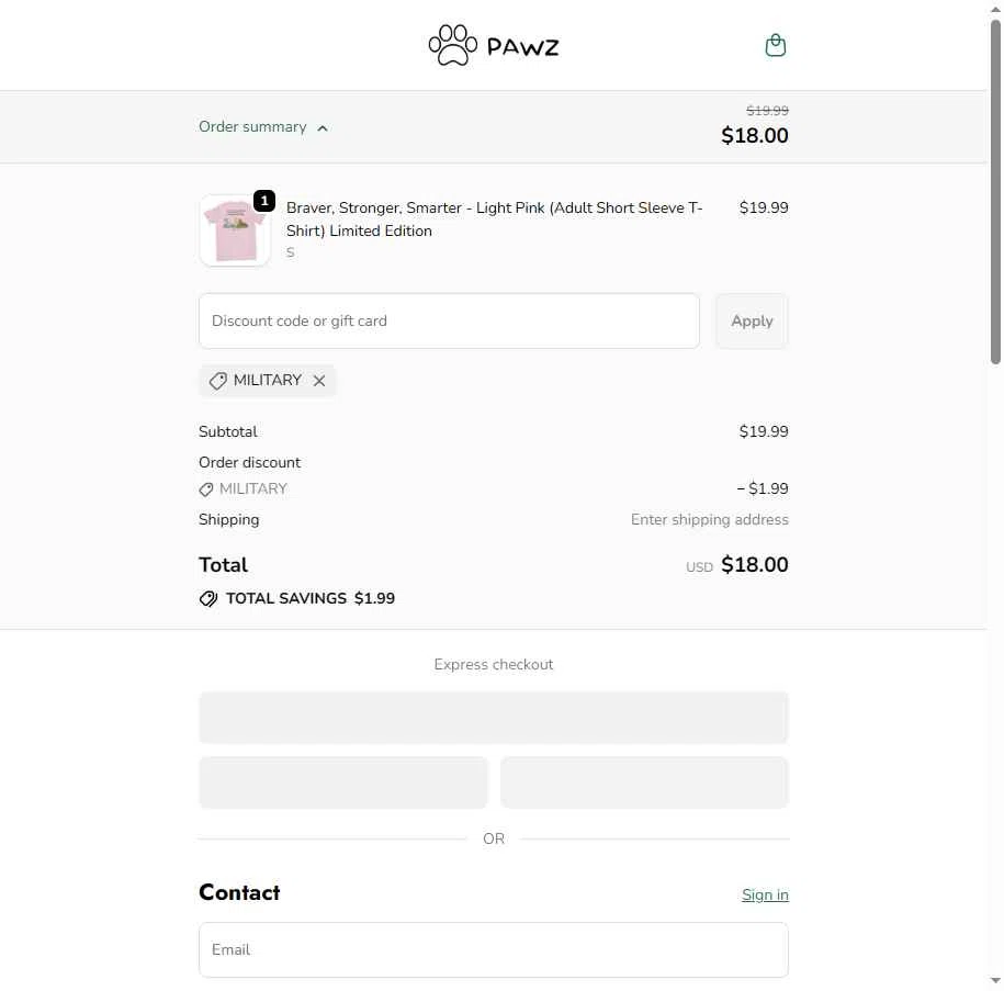 Pawz checkout page showing Pawz discount code box | Screenshot taken by SimplyCodes community member on Feb 10, 2026