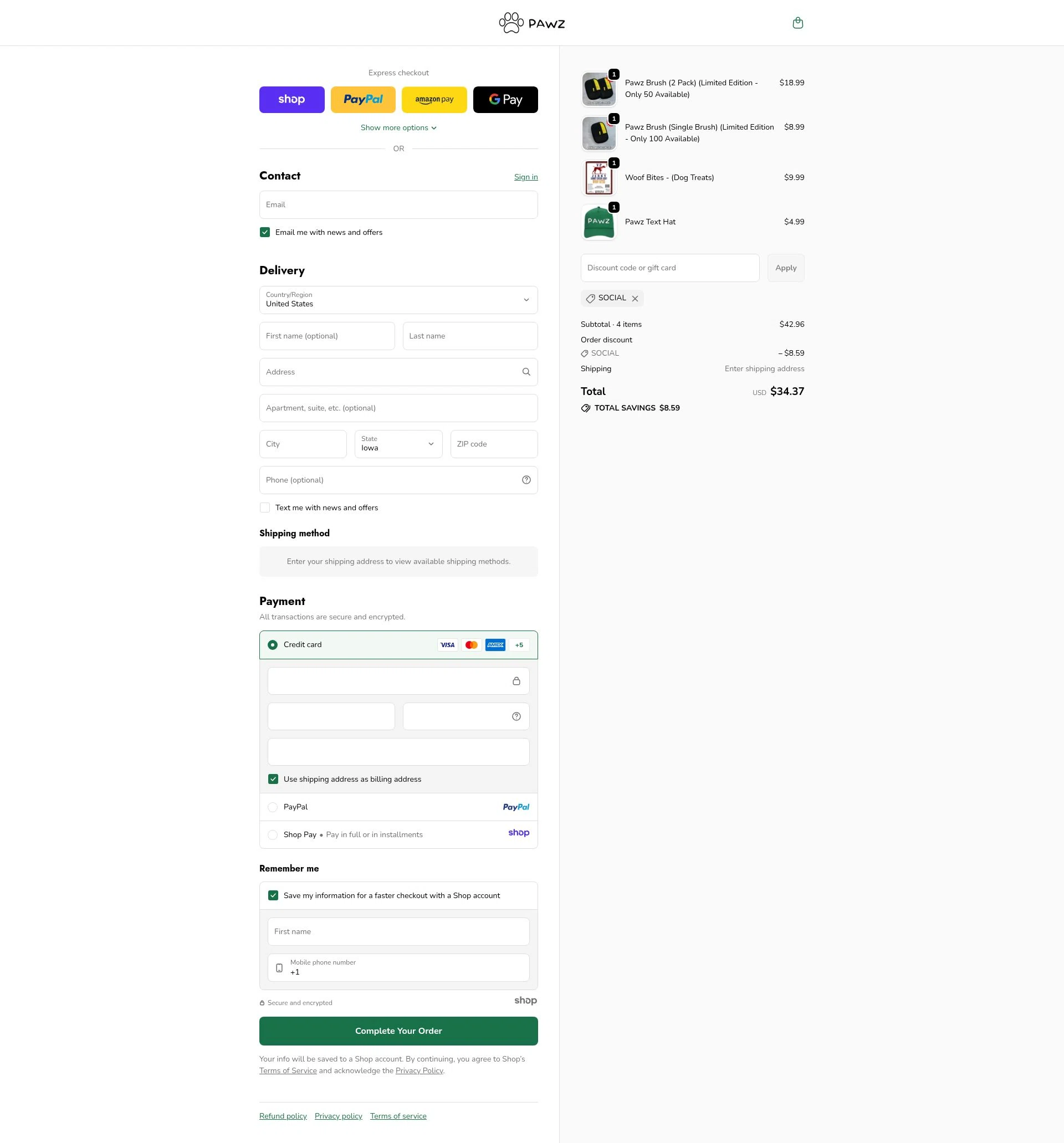 Pawz checkout page showing Pawz discount code box | Screenshot taken by SimplyCodes community member on Nov 15, 2025