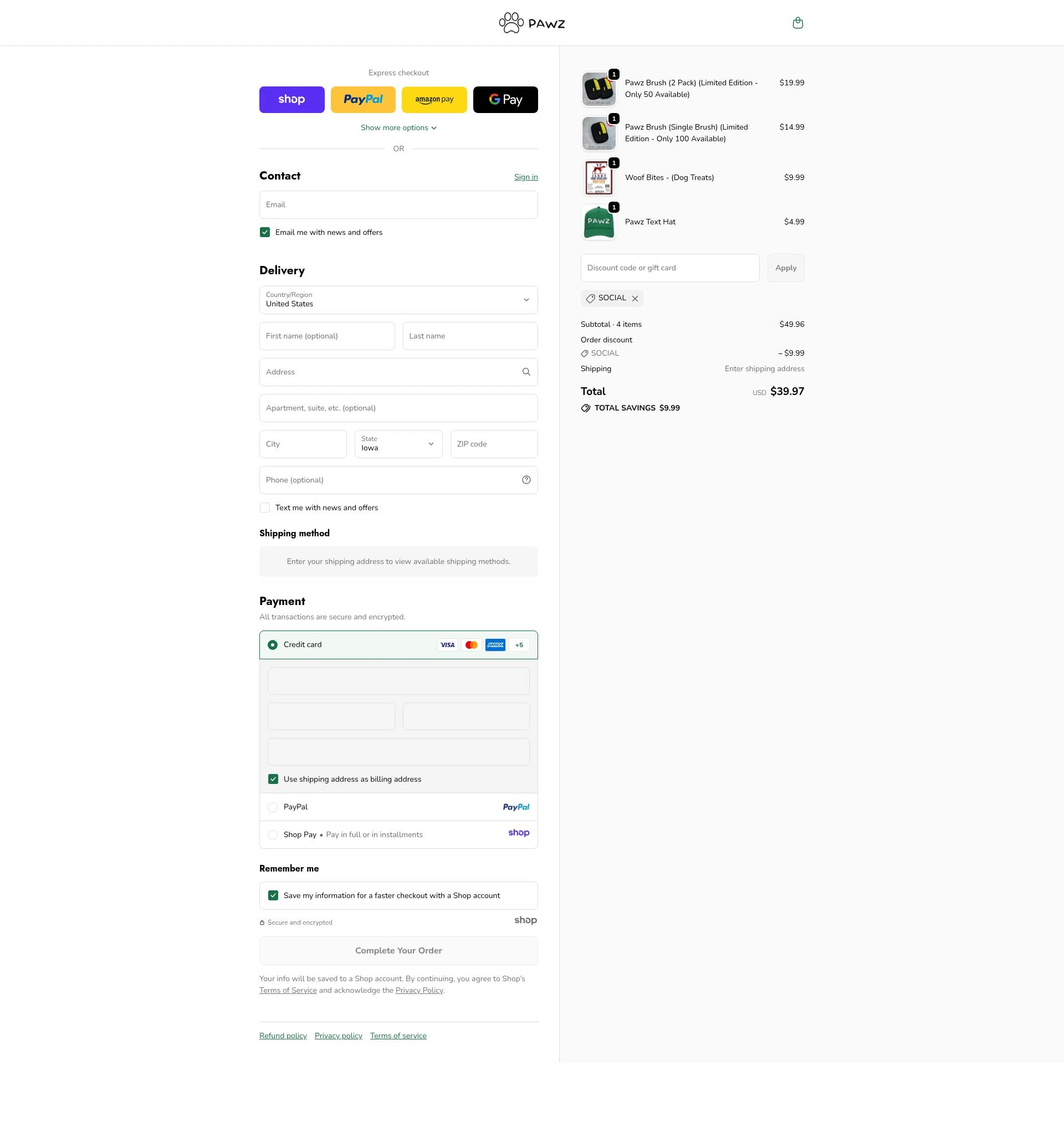 Pawz checkout page showing Pawz discount code box | Screenshot taken by SimplyCodes community member on Nov 9, 2025
