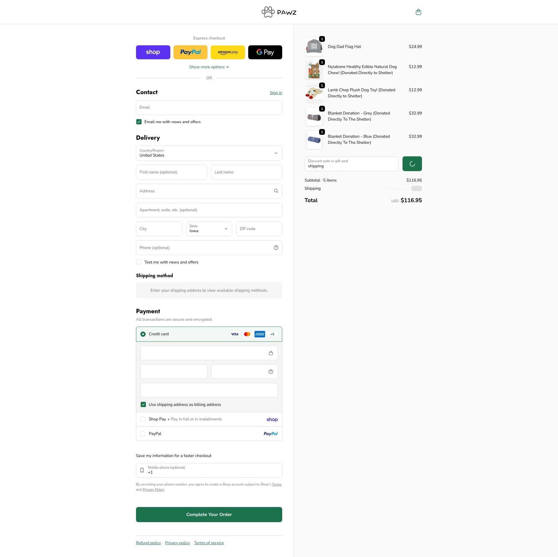 Pawz checkout page showing Pawz discount code box | Screenshot taken by SimplyCodes community member on Feb 9, 2026