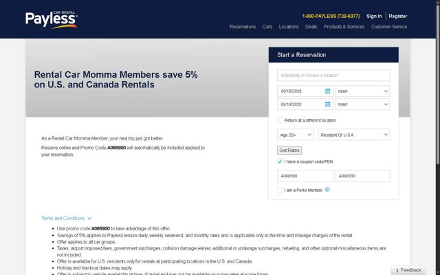 Payless Car Rental checkout page showing Payless Car Rental discount code box | Screenshot taken by SimplyCodes community member on Aug 17, 2025