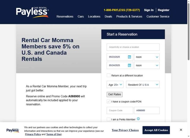 Payless Car Rental checkout page showing Payless Car Rental discount code box | Screenshot taken by SimplyCodes community member on May 22, 2025