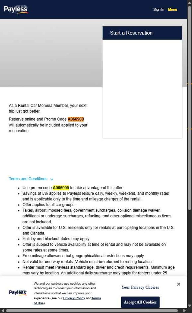 Payless Car Rental checkout page showing Payless Car Rental discount code box | Screenshot taken by SimplyCodes community member on Jun 20, 2025