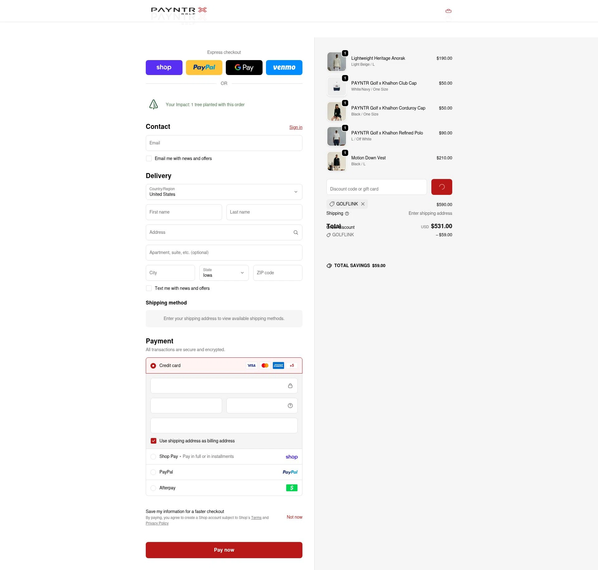 Payntr Golf checkout page showing Payntr Golf discount code box | Screenshot taken by SimplyCodes community member on Feb 14, 2026