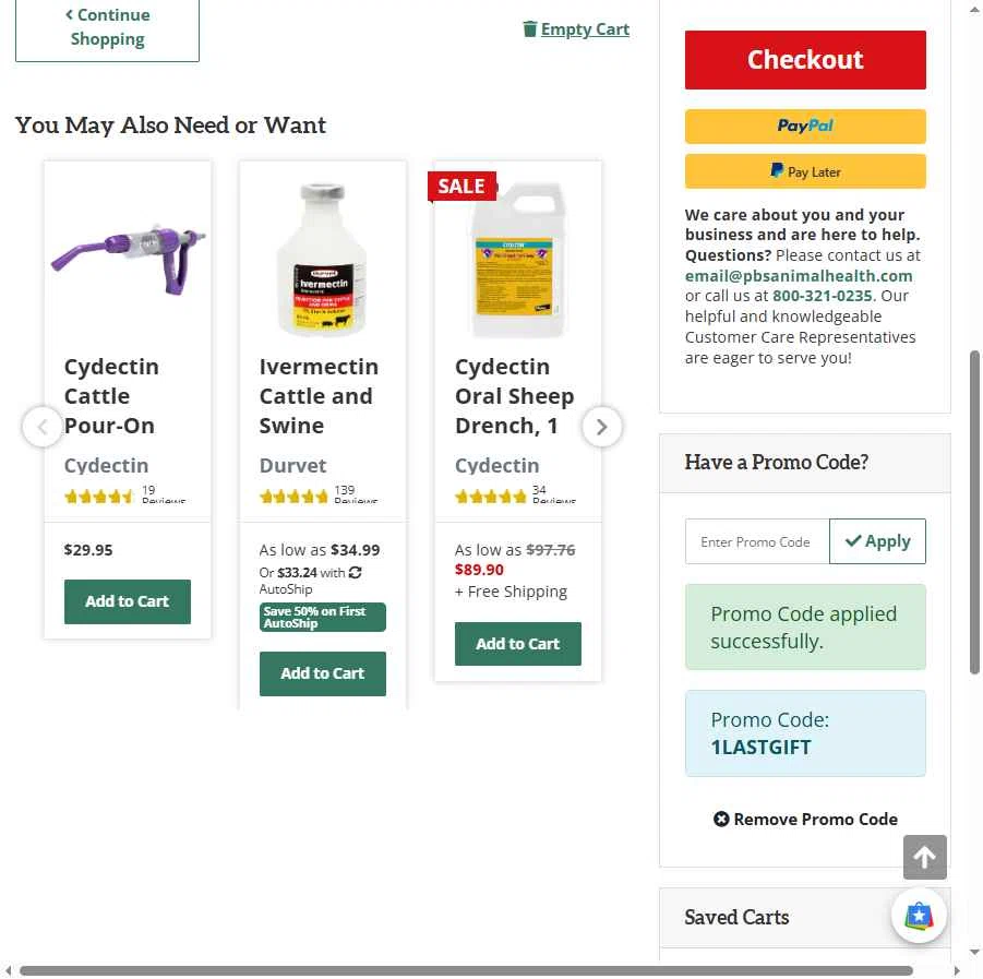 PBS Animal Health checkout page showing PBS Animal Health promo code box | Screenshot taken by SimplyCodes community member on Dec 27, 2025