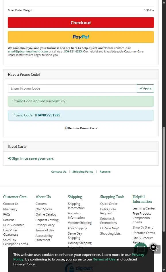 PBS Animal Health checkout page showing PBS Animal Health promo code box | Screenshot taken by SimplyCodes community member on Nov 10, 2025