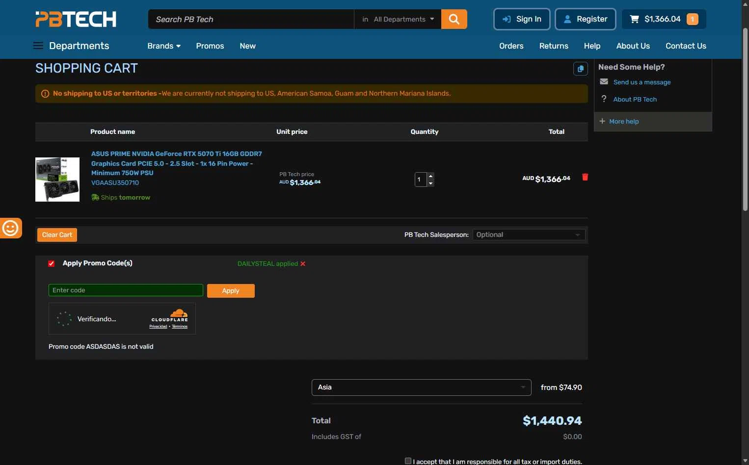 PB Tech checkout page showing PB Tech promo code box | Screenshot taken by SimplyCodes community member on Dec 20, 2025
