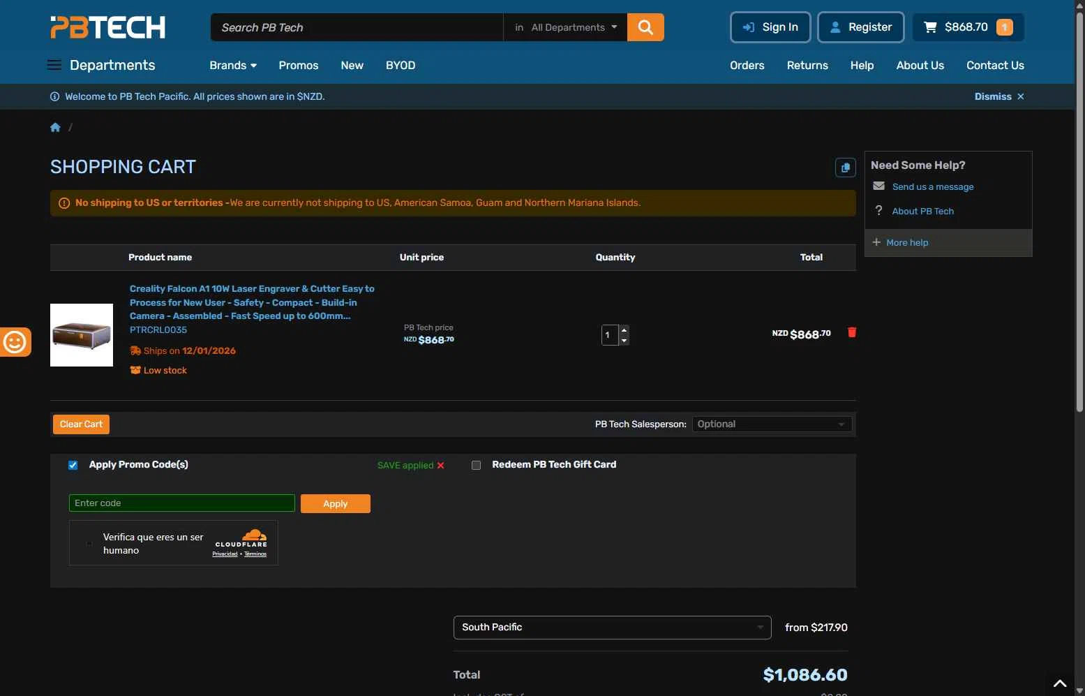 PB Tech checkout page showing PB Tech promo code box | Screenshot taken by SimplyCodes community member on Jan 8, 2026