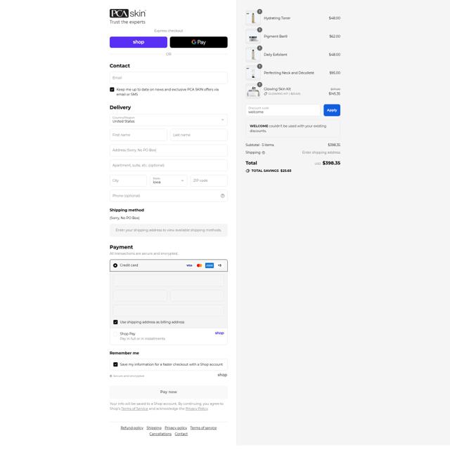 PCA Skin checkout page showing PCA Skin promo code box | Screenshot taken by SimplyCodes community member on Sep 15, 2025