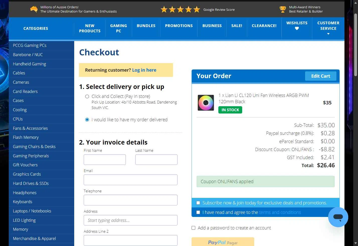 PC Case Gear checkout page showing PC Case Gear discount code box | Screenshot taken by SimplyCodes community member on Nov 22, 2025