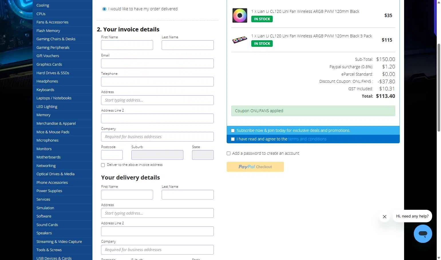 PC Case Gear checkout page showing PC Case Gear discount code box | Screenshot taken by SimplyCodes community member on Dec 29, 2025