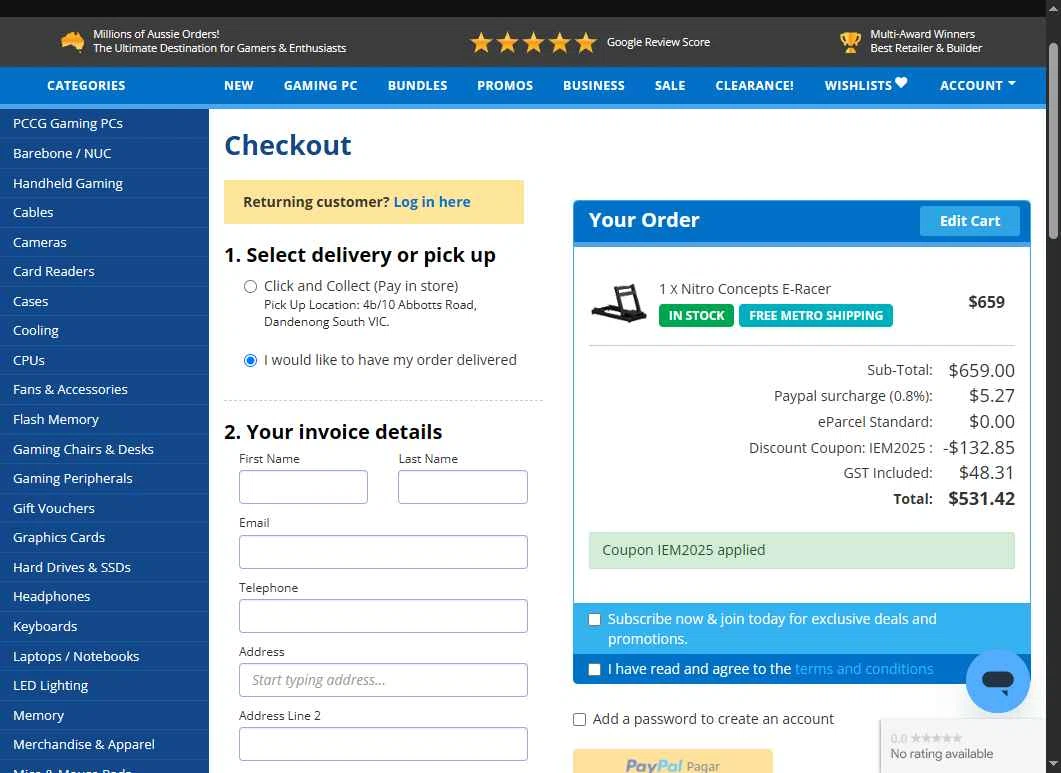 PC Case Gear checkout page showing PC Case Gear discount code box | Screenshot taken by SimplyCodes community member on Apr 25, 2025