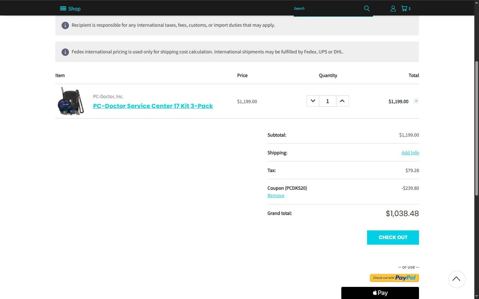 PC-Doctor Service Center Store checkout page showing PC-Doctor Service Center Store promo code box | Screenshot taken by SimplyCodes community member on Oct 12, 2025