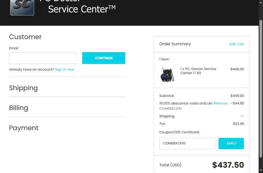 PC-Doctor Service Center Store checkout page showing PC-Doctor Service Center Store promo code box | Screenshot taken by SimplyCodes community member on Oct 5, 2025