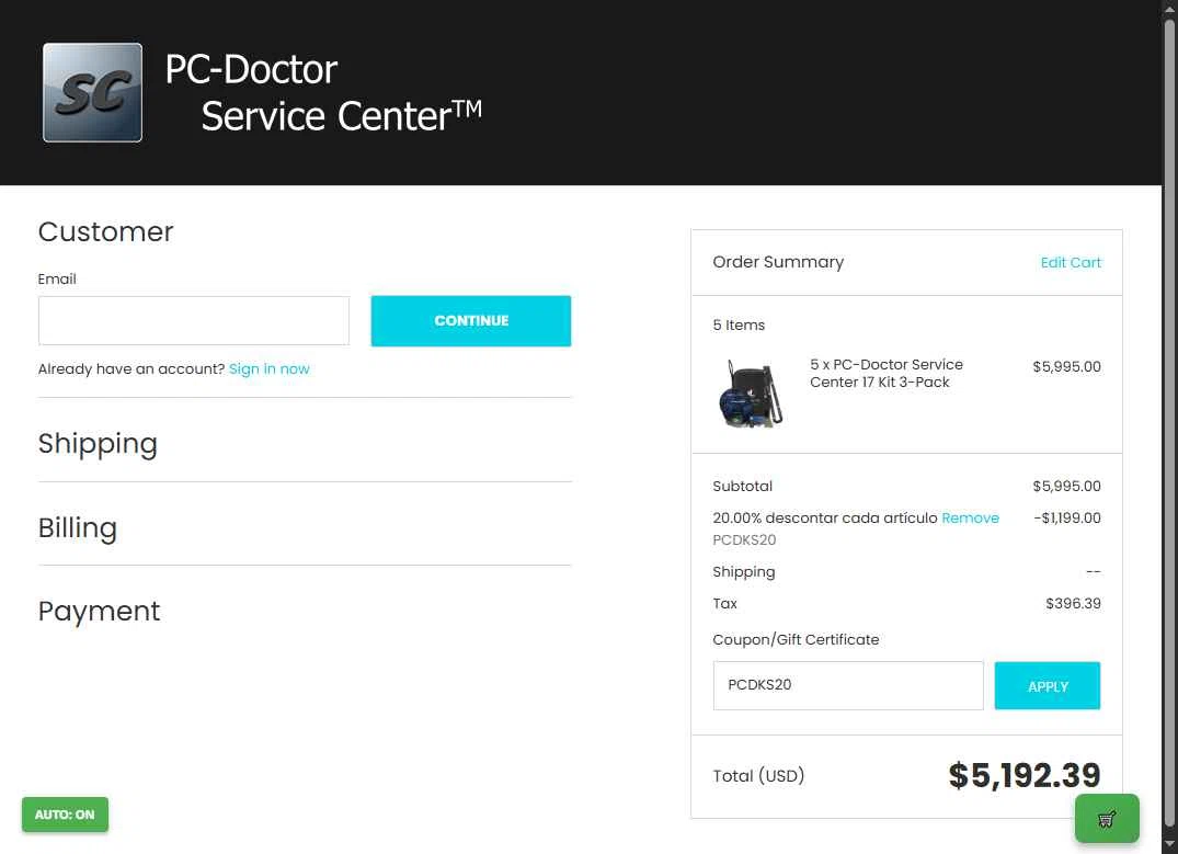 PC-Doctor Service Center Store checkout page showing PC-Doctor Service Center Store promo code box | Screenshot taken by SimplyCodes community member on Dec 4, 2025