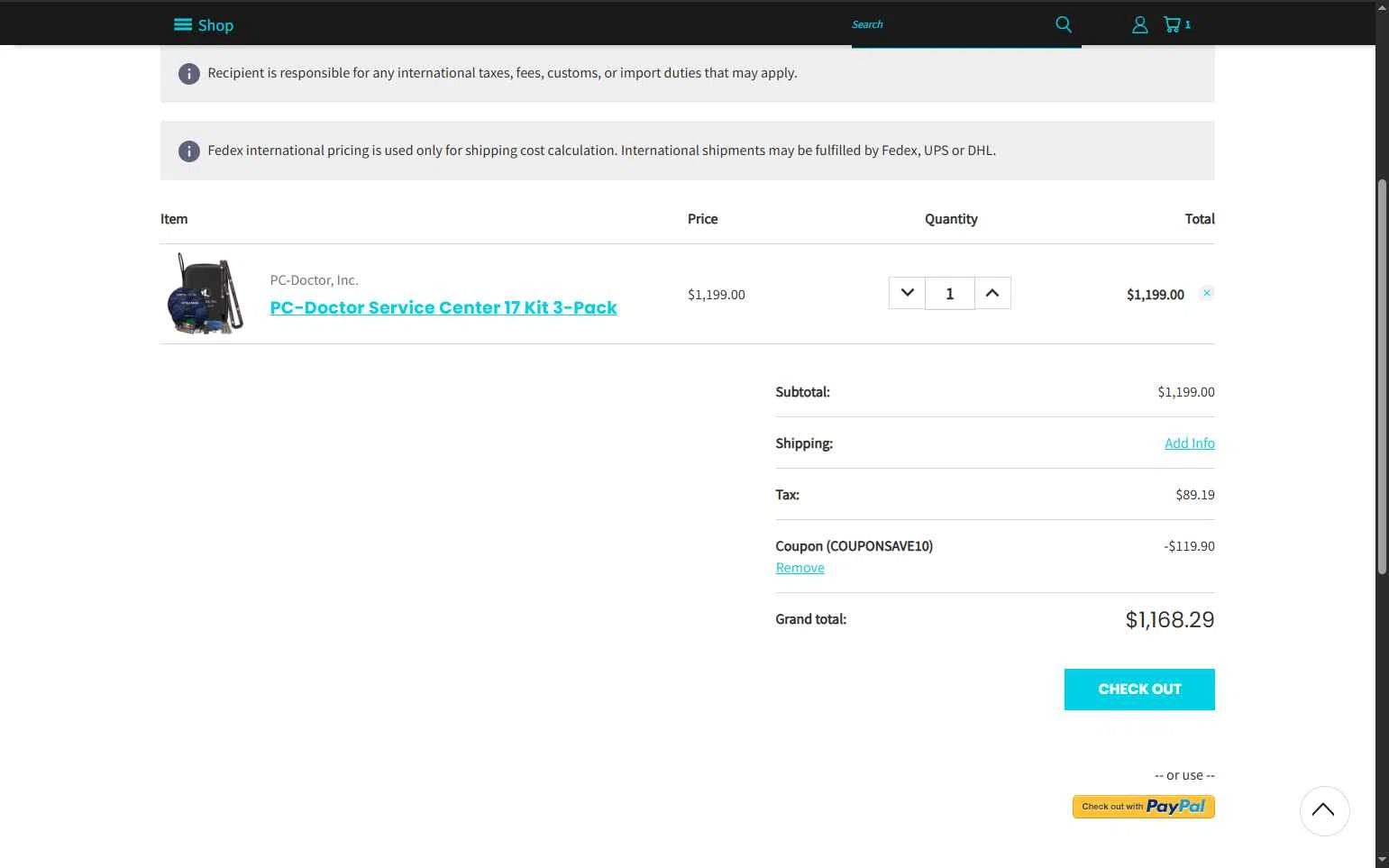 PC-Doctor Service Center Store checkout page showing PC-Doctor Service Center Store promo code box | Screenshot taken by SimplyCodes community member on Oct 12, 2025