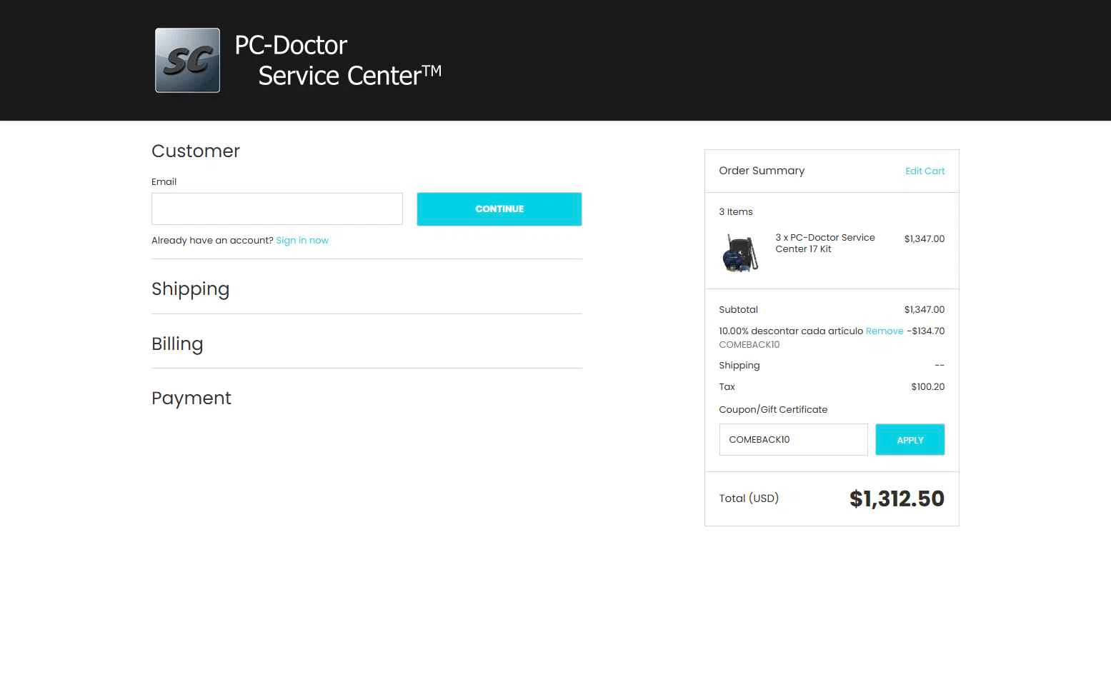 PC-Doctor Service Center Store checkout page showing PC-Doctor Service Center Store promo code box | Screenshot taken by SimplyCodes community member on Dec 2, 2025