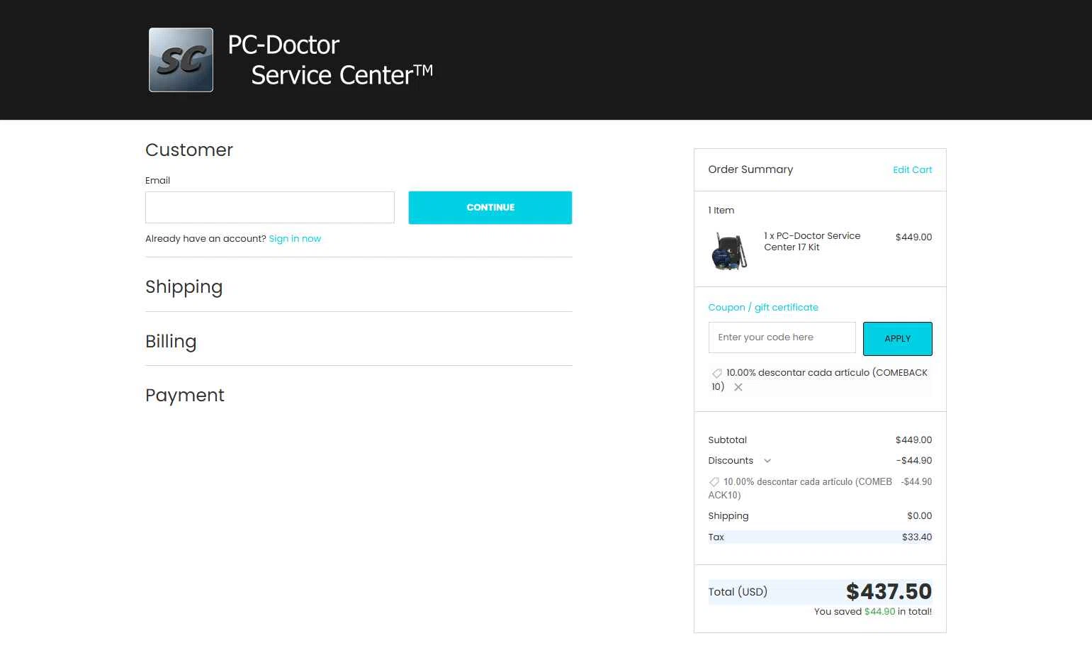 PC-Doctor Service Center Store checkout page showing PC-Doctor Service Center Store promo code box | Screenshot taken by SimplyCodes community member on Dec 31, 2025