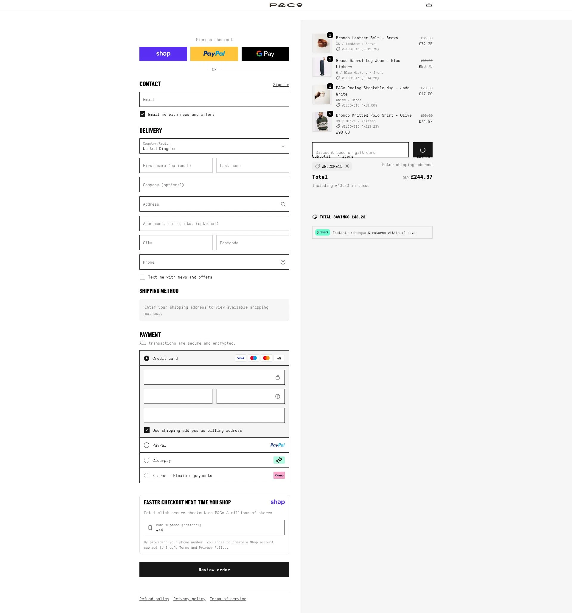 P&Co checkout page showing P&Co promo code box | Screenshot taken by SimplyCodes community member on Jan 17, 2026