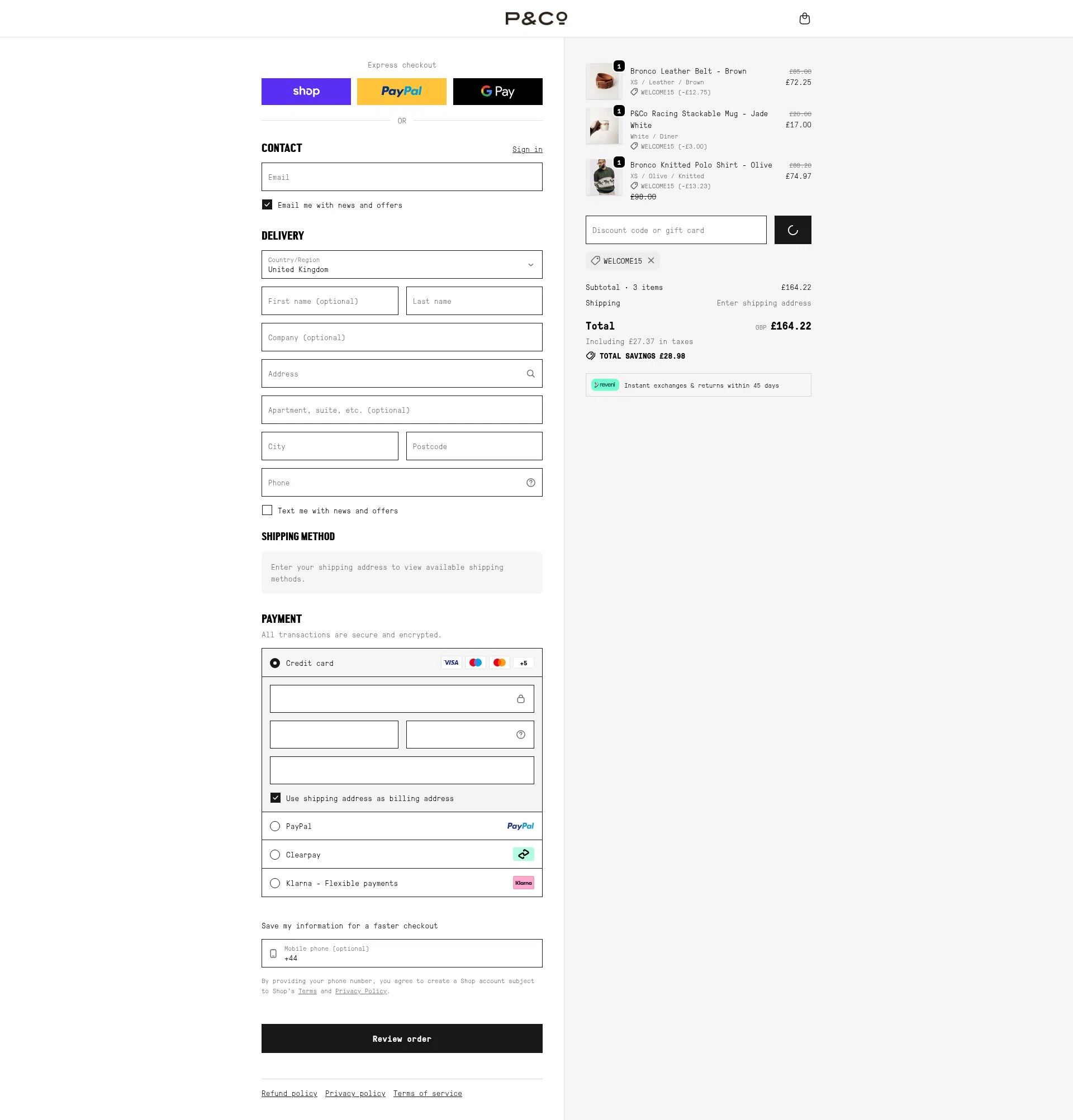 P&Co checkout page showing P&Co promo code box | Screenshot taken by SimplyCodes community member on Feb 9, 2026