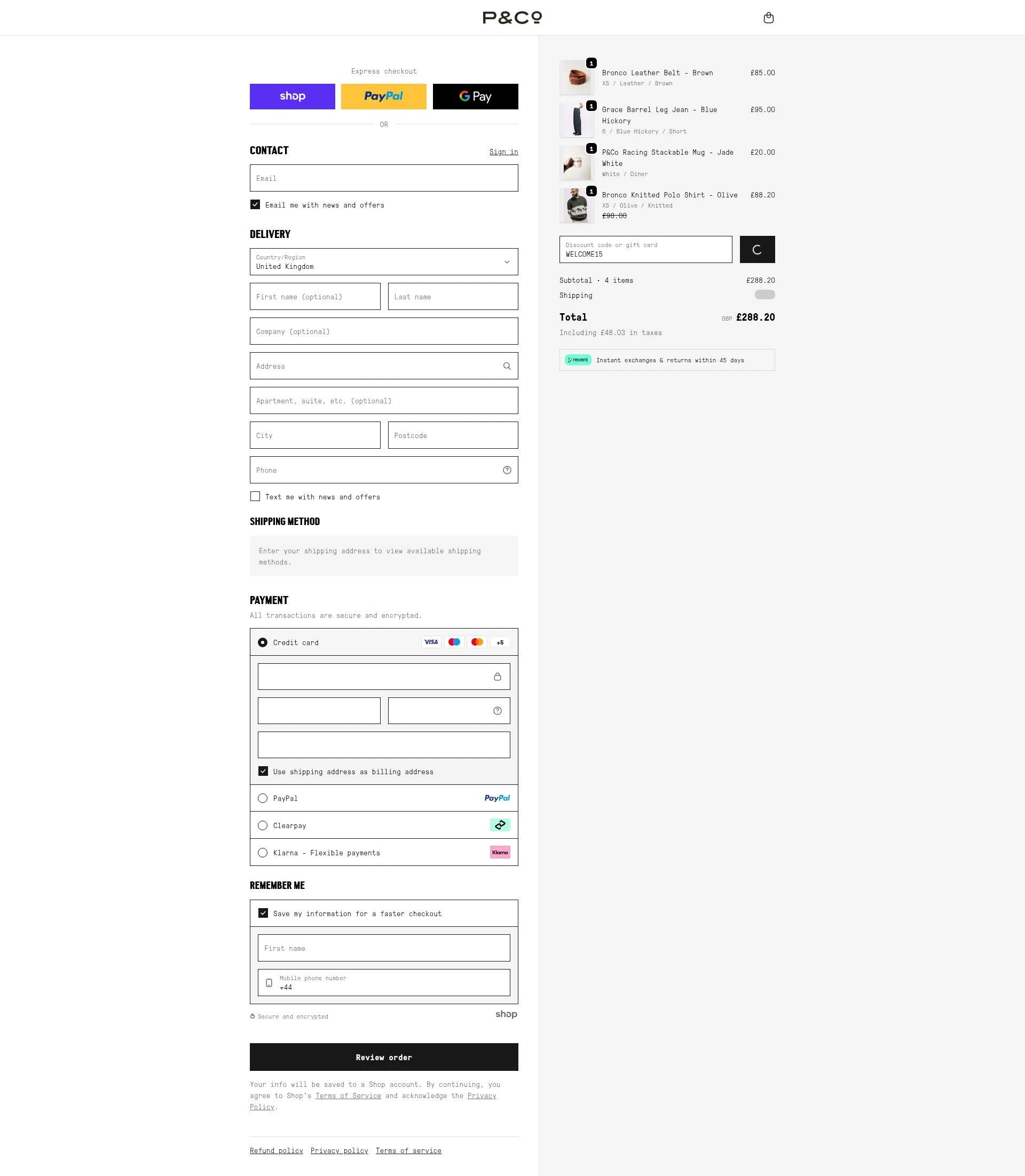P&Co checkout page showing P&Co promo code box | Screenshot taken by SimplyCodes community member on Jan 22, 2026