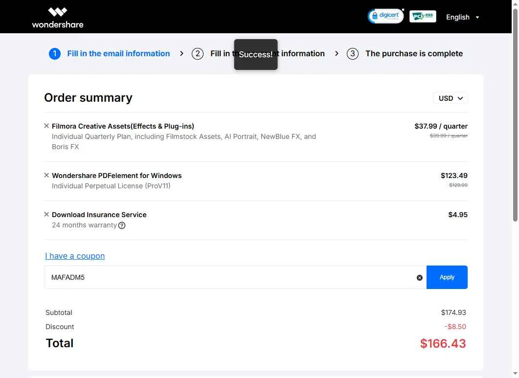 PDFelement checkout page showing PDFelement discount code box | Screenshot taken by SimplyCodes community member on May 13, 2025
