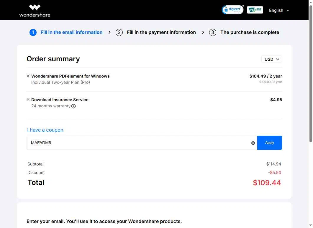 PDFelement checkout page showing PDFelement discount code box | Screenshot taken by SimplyCodes community member on May 13, 2025