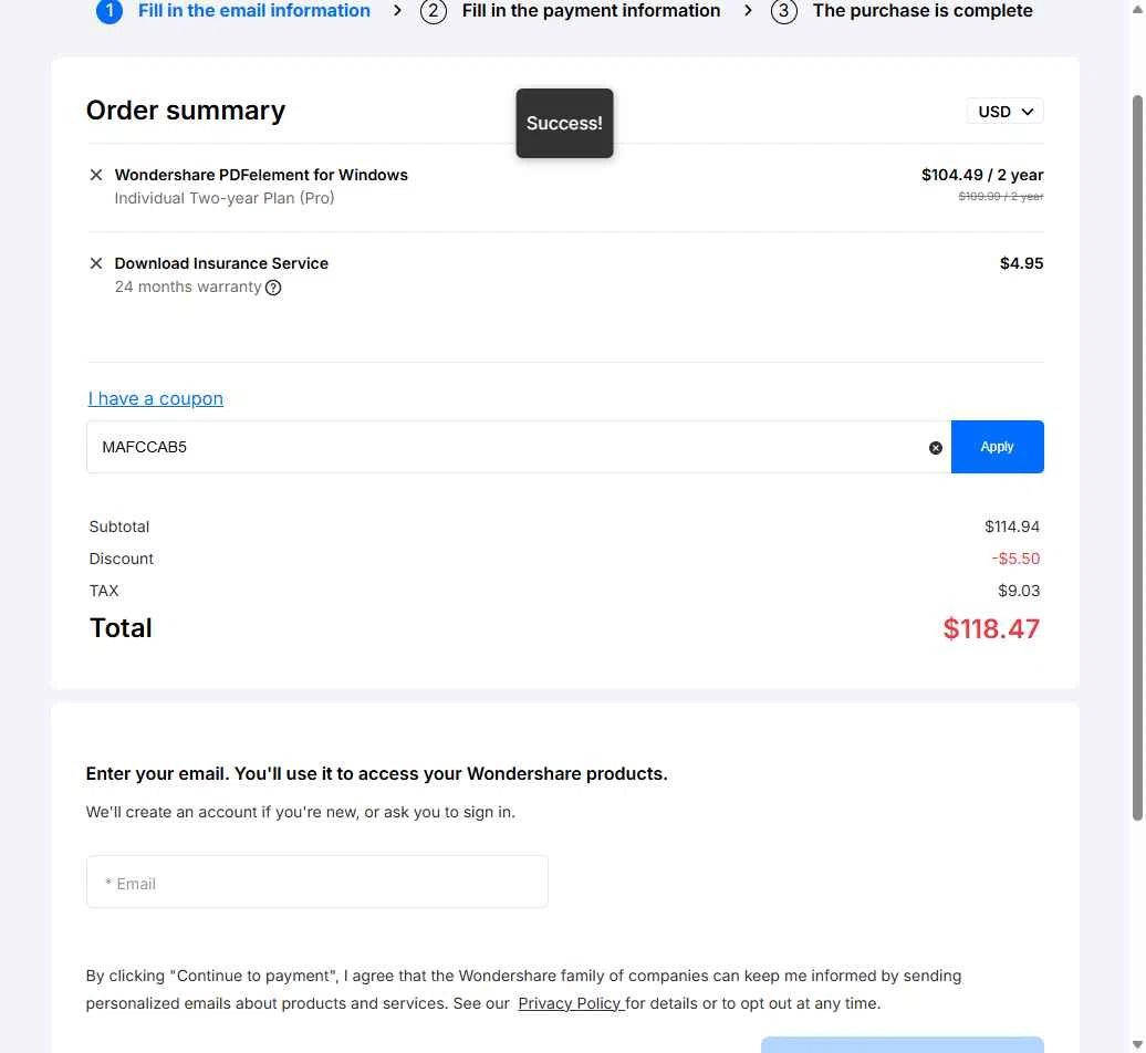 PDFelement checkout page showing PDFelement discount code box | Screenshot taken by SimplyCodes community member on May 4, 2025