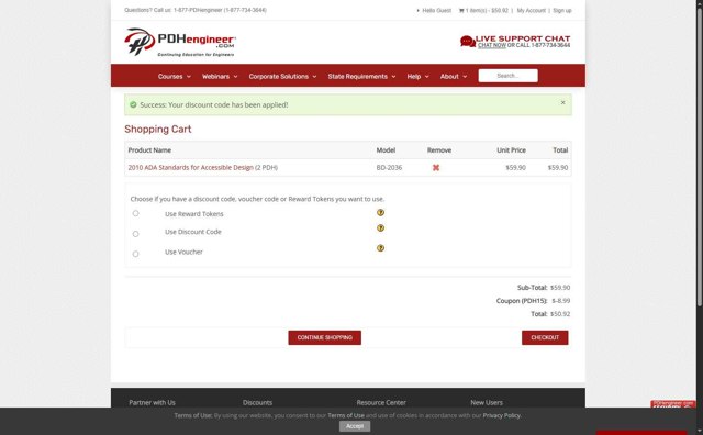 PDHengineer checkout page showing PDHengineer discount code box | Screenshot taken by SimplyCodes community member on Sep 1, 2025