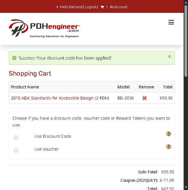PDHengineer checkout page showing PDHengineer discount code box | Screenshot taken by SimplyCodes community member on Jul 12, 2025