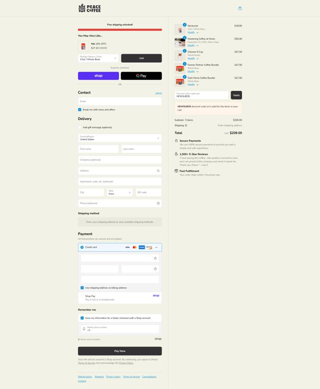 Peace Coffee checkout page showing Peace Coffee promo code box | Screenshot taken by SimplyCodes community member on Sep 8, 2025