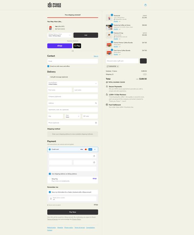 Peace Coffee checkout page showing Peace Coffee promo code box | Screenshot taken by SimplyCodes community member on Sep 12, 2025