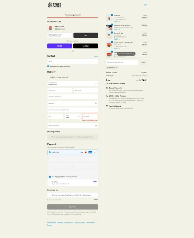 Peace Coffee checkout page showing Peace Coffee promo code box | Screenshot taken by SimplyCodes community member on Sep 12, 2025