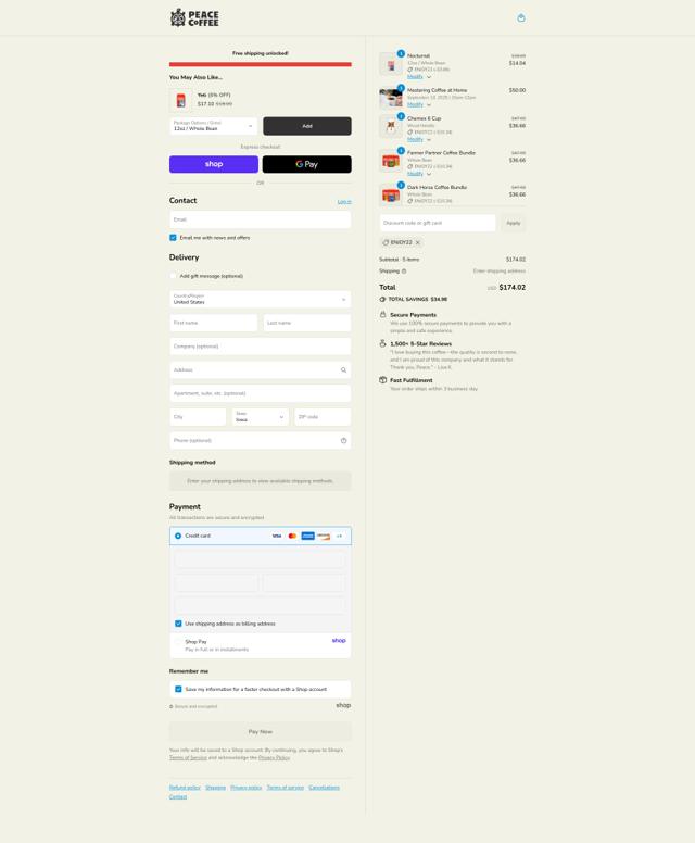 Peace Coffee checkout page showing Peace Coffee promo code box | Screenshot taken by SimplyCodes community member on Sep 8, 2025