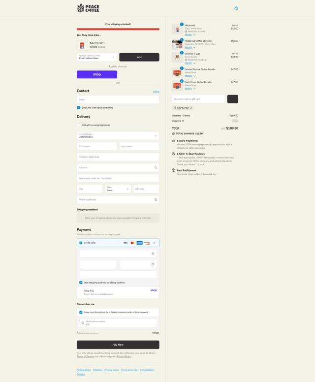 Peace Coffee checkout page showing Peace Coffee promo code box | Screenshot taken by SimplyCodes community member on Sep 8, 2025