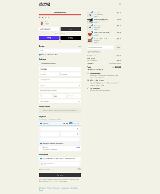 Peace Coffee checkout page showing Peace Coffee promo code box | Screenshot taken by SimplyCodes community member on Sep 8, 2025
