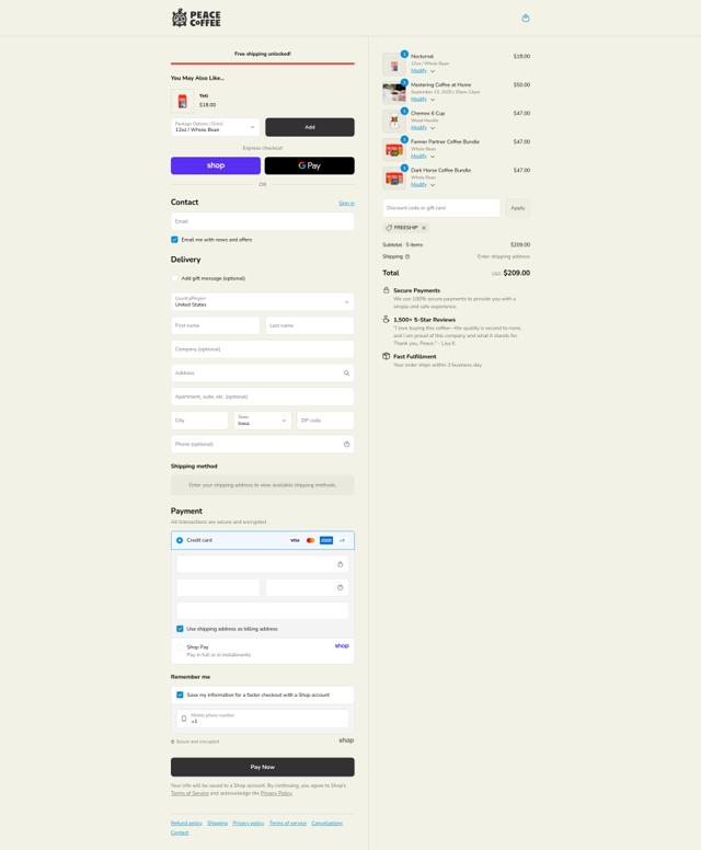 Peace Coffee checkout page showing Peace Coffee promo code box | Screenshot taken by SimplyCodes community member on Sep 12, 2025