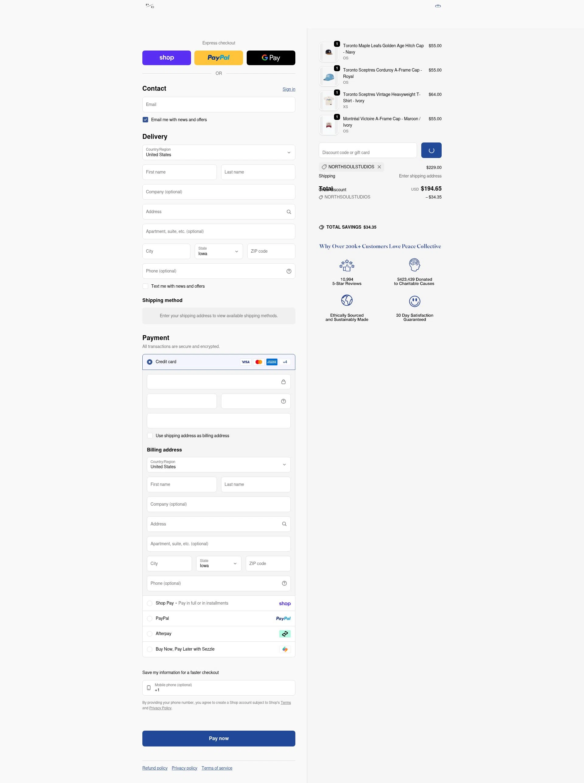 Peace Collective checkout page showing Peace Collective discount code box | Screenshot taken by SimplyCodes community member on Feb 20, 2026