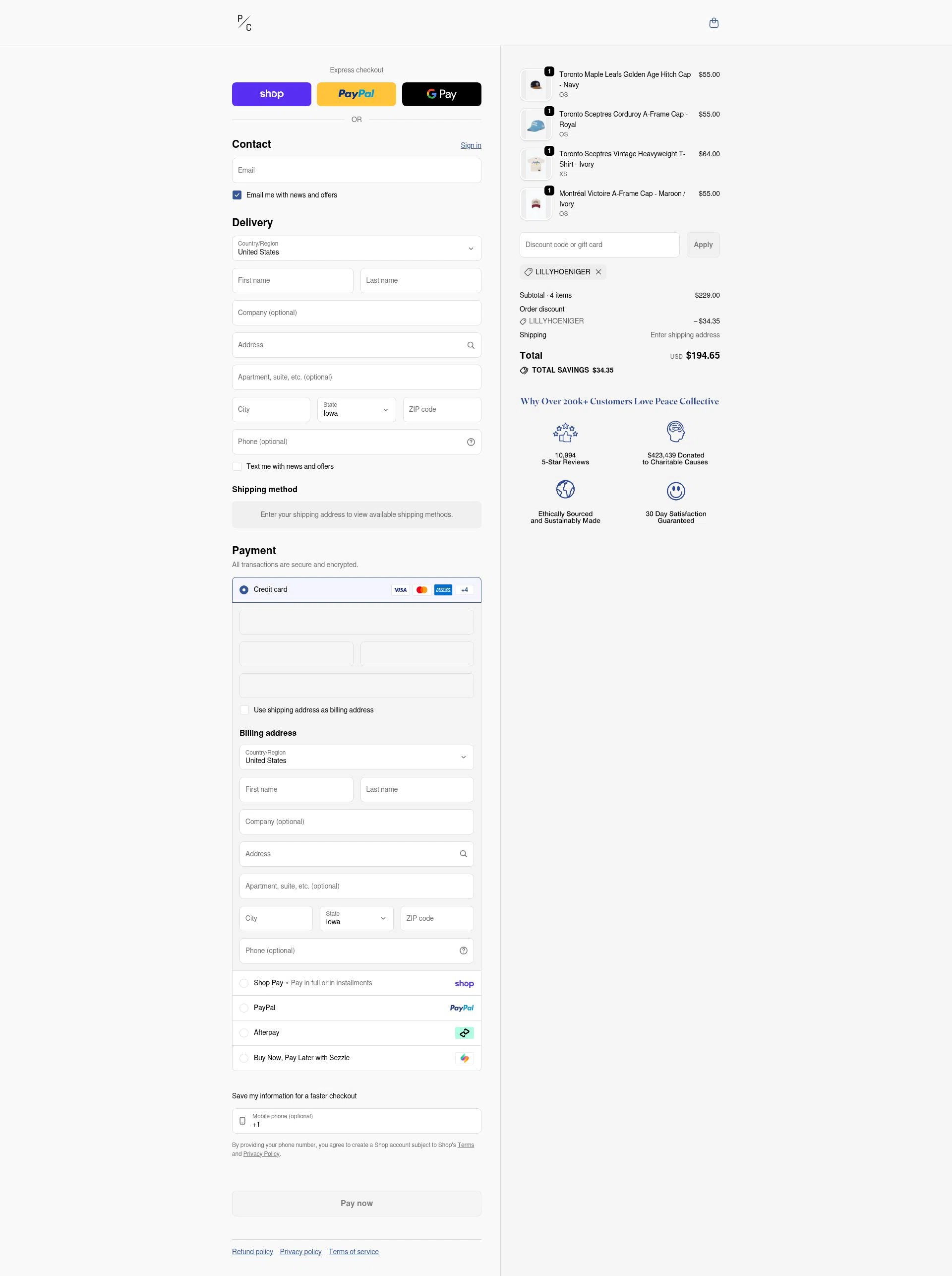 Peace Collective checkout page showing Peace Collective discount code box | Screenshot taken by SimplyCodes community member on Feb 20, 2026