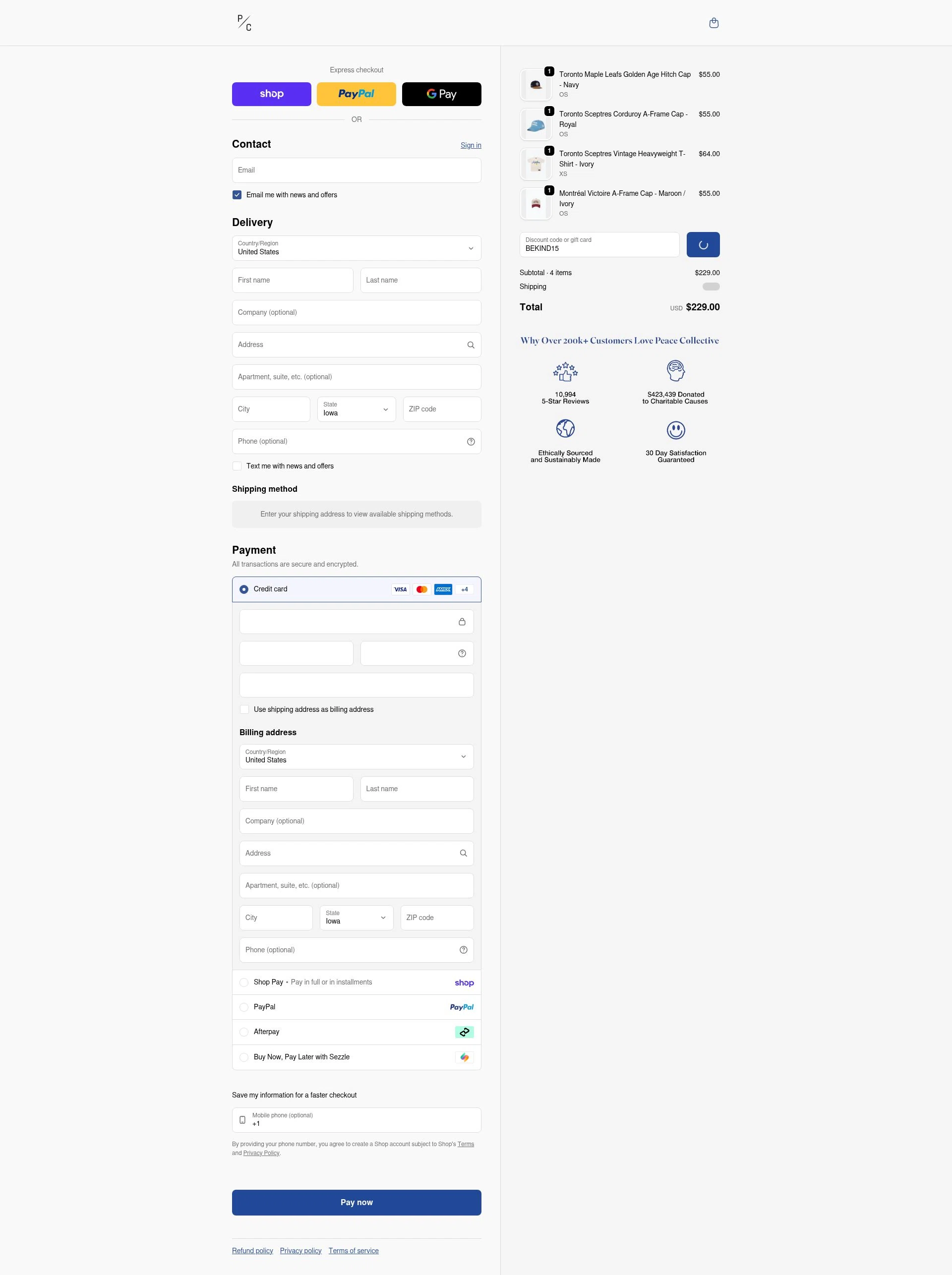 Peace Collective checkout page showing Peace Collective discount code box | Screenshot taken by SimplyCodes community member on Feb 20, 2026